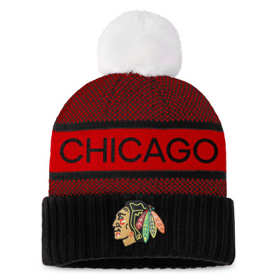 Женская шапка с помпоном Chicago Blackhawks Fanatics Black/Red Authentic Pro Rink Cuffed