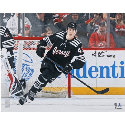 Luke Hughes New Jersey Devils Autographed Fanatics Authentic 16 x 20 NHL Debut Photograph with NHL DEBUT 4/11/23 Inscription