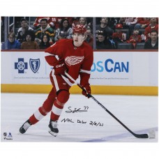 Simon Edvinsson Detroit Red Wings Autographed Fanatics Authentic 16 x 20 NHL Debut Red Jersey Skating Photograph with NHL Debut 3-18-23 Inscription