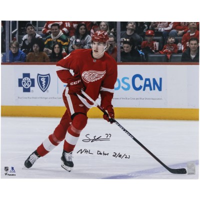 Simon Edvinsson Detroit Red Wings Autographed Fanatics Authentic 16 x 20 NHL Debut Red Jersey Skating Photograph with NHL Debut 3-18-23 Inscription