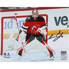 Akira Schmid New Jersey Devils Autographed Fanatics Authentic 8 x 10 Red Jersey in Net Photograph