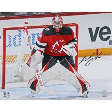 Akira Schmid New Jersey Devils Autographed Fanatics Authentic 16 x 20 Red Jersey in Net Photograph