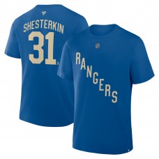 New York Rangers Igor Shesterkin Fanatics Blue Authentic Stack Name & Number T-Shirt New York Rangers Igor Shesterkin Fanatics Blue Authentic Stack Name & Number T-Shirt