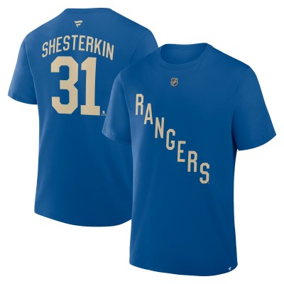 New York Rangers Igor Shesterkin Fanatics Blue Authentic Stack Name & Number T-Shirt