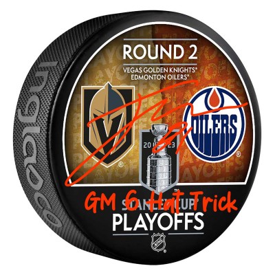 Шайба с автографом Jonathan Marchessault Vegas Golden Knights Autographed Fanatics Authentic 2023 Stanley Cup Playoffs Round 2 with 'GM 6 Hat Trick' Inscription