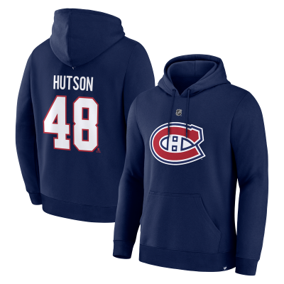 Толстовка Montreal Canadiens Lane Hutson Fanatics Navy Authentic Stack Name & Number