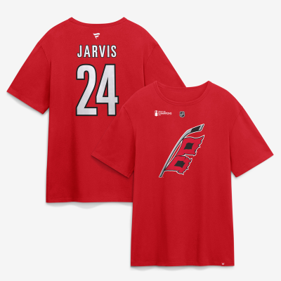 Футболка Carolina Hurricanes Seth Jarvis Fanatics Red 2026 Stanley Cup Champions Authentic Stack Name & Number