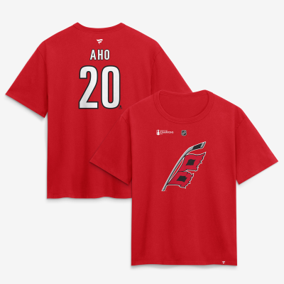 Женская Футболка Carolina Hurricanes Sebastian Aho Fanatics Red 2026 Stanley Cup Champions Authentic Stack Name & Number