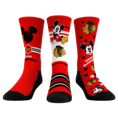 Unisex Chicago Blackhawks Mickey Mouse Rock Em Socks Red Three-Pack Crew Socks Set
