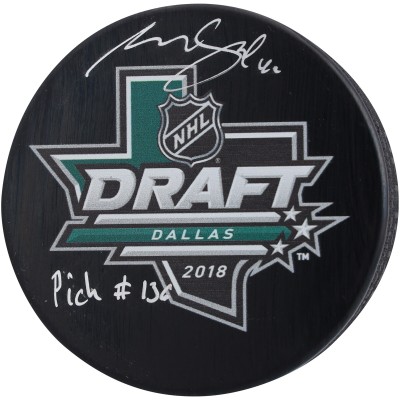Шайба с автографом Akira Schmid New Jersey Devils Autographed Fanatics Authentic 2018 Draft Logo with Pick #136 Inscription