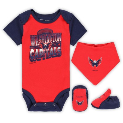 Малышам Washington Capitals Mitchell & Ness Red/Navy Big Score 3-Pack Bodysuit, Bib and Bootie Set