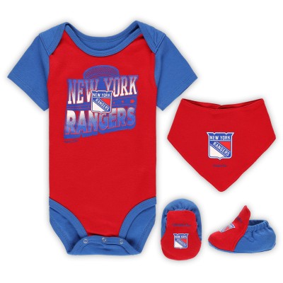 Малышам New York Rangers Mitchell & Ness Red/Blue Big Score 3-Pack Bodysuit, Bib and Bootie Set