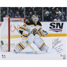Linus Ullmark Boston Bruins Autographed Fanatics Authentic 2023 Vezina Trophy Winner 16 x 20 White Jersey in Net Photograph with Multiple Inscriptions - Limited Edition of 23