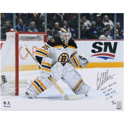 Linus Ullmark Boston Bruins Autographed Fanatics Authentic 2023 Vezina Trophy Winner 16 x 20 White Jersey in Net Photograph with Multiple Inscriptions - Limited Edition of 23