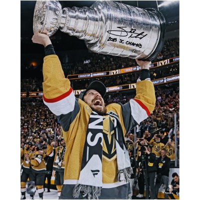 Shea Theodore Vegas Golden Knights Autographed Fanatics Authentic 2023 Stanley Cup Champions 16 x 20 Raising Cup Photograph with 2023 SC Champs Inscription