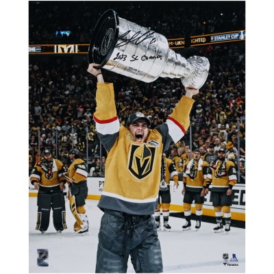 Brett Howden Vegas Golden Knights Autographed Fanatics Authentic 2023 Stanley Cup Champions 16 x 20 Raising Cup Photograph with 2023 SC Champs Inscription
