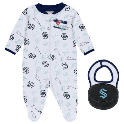 Newborn & Малышам Seattle Kraken WEAR by Erin Andrews White Sleep & Play Full-Zip Footed Jumper with Bib