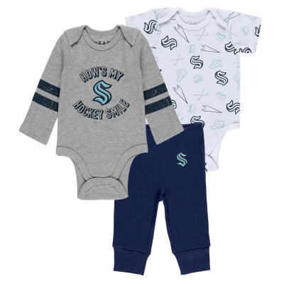 Newborn & Малышам Seattle Kraken WEAR by Erin Andrews Gray/White/Navy Three-Piece Turn Me Around Bodysuit & Pants Set