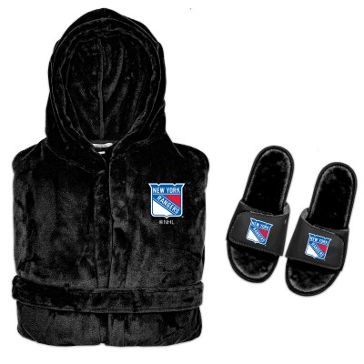 New York Rangers ISlide Hooded Phantom Robe & Fur Slide Bundle - Black