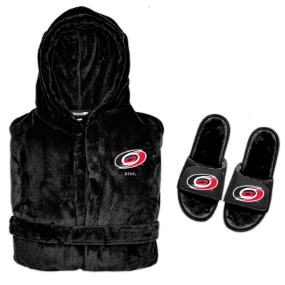 Carolina Hurricanes ISlide Black Hooded Phantom Robe & Fur Slide Bundle