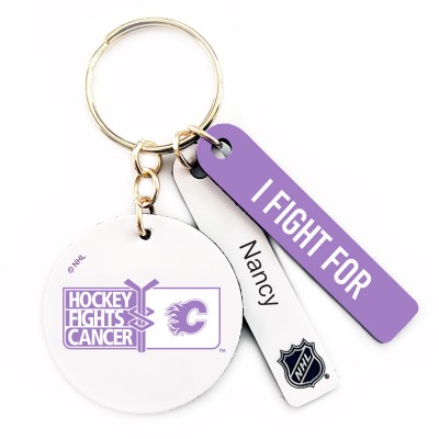 Calgary Flames Hockey Fights Cancer Personalized Leather Round Keychain