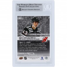 Luke Hughes New Jersey Devils Autographed 2022-23 Upper Deck Game Dated Moments NHL Debut #81 Beckett Fanatics Witnessed Authenticated Rookie Card