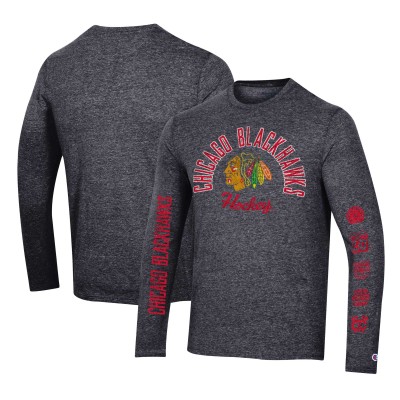 Футболка с длинным рукавом Chicago Blackhawks Champion Multi-Logo Tri-Blend - Heather Black