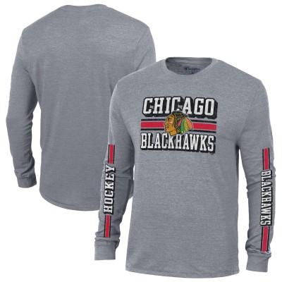 Футболка с длинным рукавом Chicago Blackhawks Champion Tri-Blend Dual-Stripe - Heather Gray