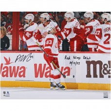 Alex DeBrincat Detroit Red Wings Autographed Fanatics Authentic 16 x 20 Red Wings Debut Photograph with Red Wings Debut 10/12/23 Inscription