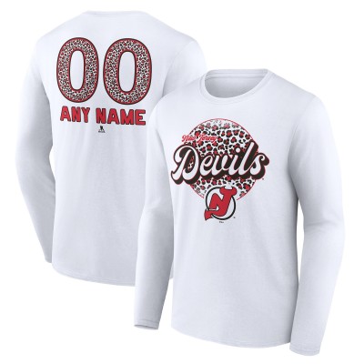Unisex New Jersey Devils White Personalized Name & Number Leopard Print Long Sleeve T-Shirt