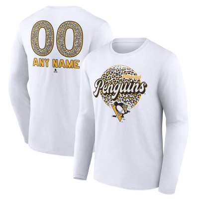 Unisex Pittsburgh Penguins White Personalized Name & Number Leopard Print Long Sleeve T-Shirt