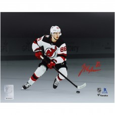 Jack Hughes New Jersey Devils Autographed Fanatics Authentic 8 x 10 White Jersey Skating Spotlight Photograph