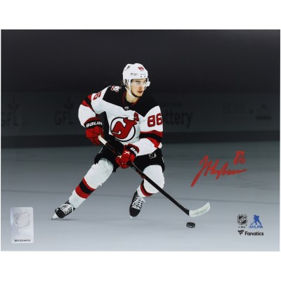 Jack Hughes New Jersey Devils Autographed Fanatics Authentic 8 x 10 White Jersey Skating Spotlight Photograph