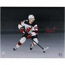 Jack Hughes New Jersey Devils Autographed Fanatics Authentic 16 x 20 White Jersey Skating Spotlight Photograph