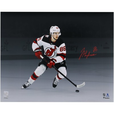 Jack Hughes New Jersey Devils Autographed Fanatics Authentic 16 x 20 White Jersey Skating Spotlight Photograph