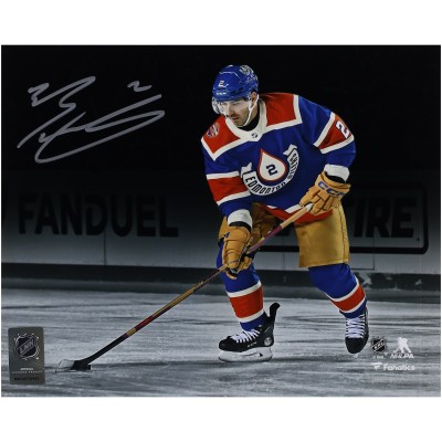 Evan Bouchard Edmonton Oilers Autographed Fanatics Authentic 8 x 10 2023 Heritage Classic with Puck Photograph