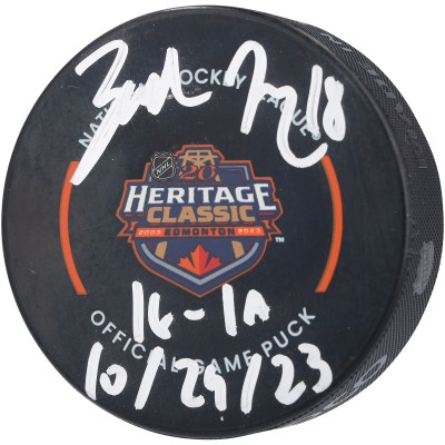 Шайба Zach Hyman Edmonton Oilers Autographed Fanatics Authentic 2023 Heritage Classic Official Game with 1G-1A 10/29/23 Inscription