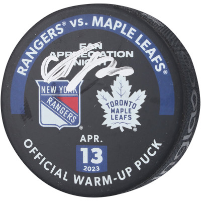 Шайба Adam Fox New York Rangers Autographed Fanatics Authentic Practice-Used Used During Warmups vs. Toronto Maple Leafs on April 13, 2023