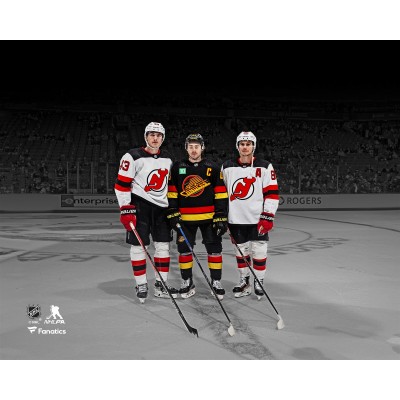 Luke Hughes, Quinn Hughes and Jack Hughes Unsigned Fanatics Authentic New Jersey Devils vs. Vancouver Canucks Pregame Photograph