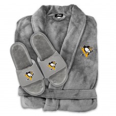 Pittsburgh Penguins ISlide Unisex Faux Fur Slide Sandals & Robe Bundle - Gray