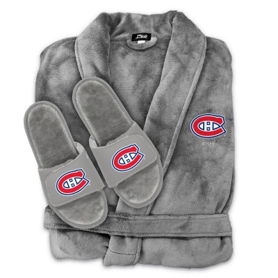 Montreal Canadiens ISlide Unisex Faux Fur Slide Sandals & Robe Bundle - Gray