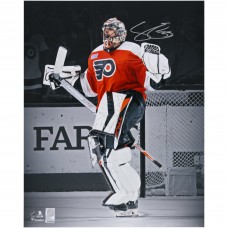 Samuel Ersson Philadelphia Flyers Autographed Fanatics Authentic 16 x 20 Orange Jersey Celebrating Spotlight Photograph