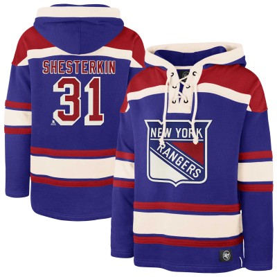 Толстовка New York Rangers Igor Shesterkin 47 Blue Player Name & Number Lacer