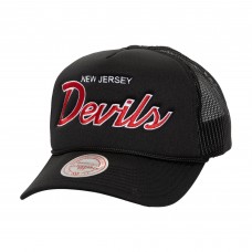 New Jersey Devils Mitchell & Ness Script Side Patch Trucker Adjustable Hat - Black