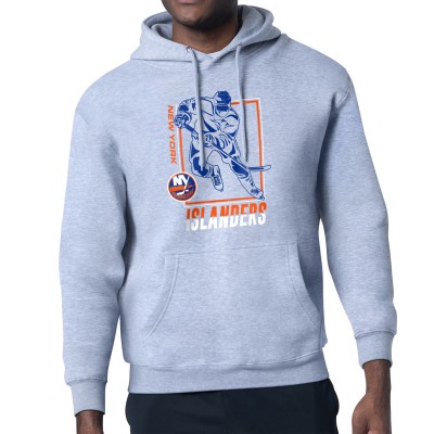 New York Islanders Starter Heather Gray Player Grid Fleece Pullover Hoodie