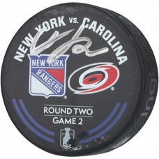 Adam Fox New York Rangers Autographed Fanatics Authentic Practice-Used Warm-Up Puck from Game 2 of the Second Round of the 2024 Stanley Cup Playoffs vs. Carolina Hurricanes