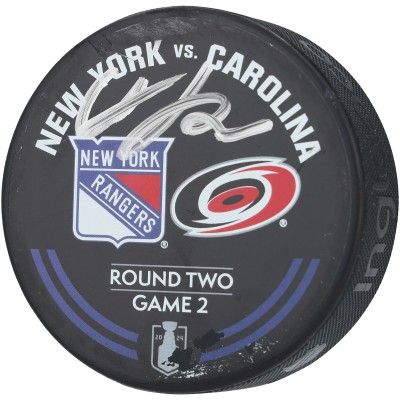 Adam Fox New York Rangers Autographed Fanatics Authentic Practice-Used Warm-Up Puck from Game 2 of the Second Round of the 2024 Stanley Cup Playoffs vs. Carolina Hurricanes