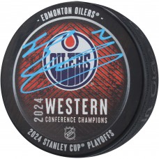 Шайба Edmonton Oilers Evan Bouchard Fanatics Authentic 2024 Western Conference Champions Autographed