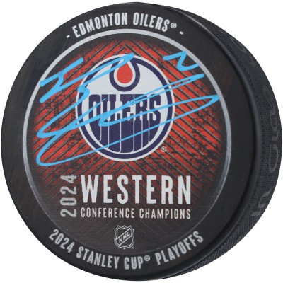 Шайба Edmonton Oilers Evan Bouchard Fanatics Authentic 2024 Western Conference Champions Autographed