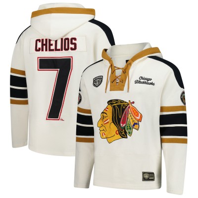 Толстовка Chicago Blackhawks Chris Chelios 47 Cream Blue Line Heritage Name & Number Lace-Up